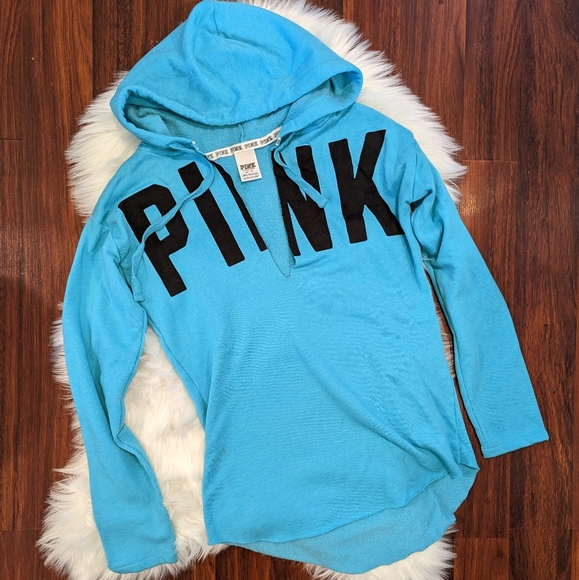 PINK Victoria's Secret Tops - PINK Victoria's Secret Pull Over V-neck Hoodie Teal with Black Print